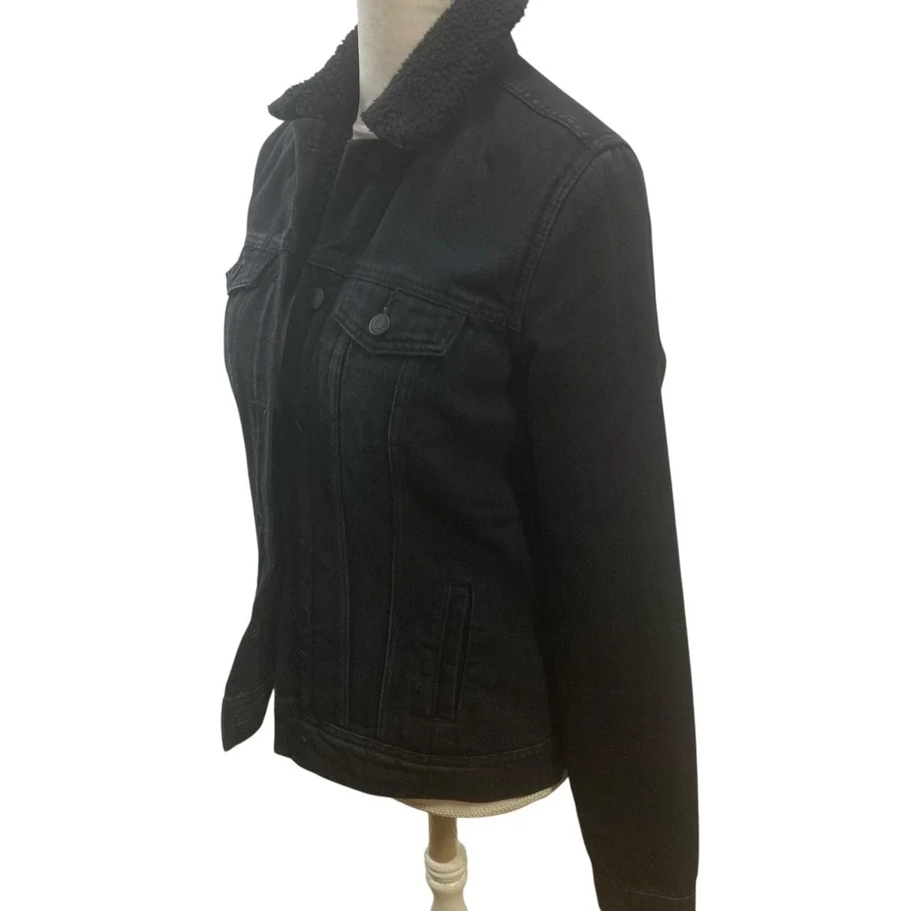 Old Navy Black Denim Jacket Sherpa Lined Tall Size‎ S Winter Button Front